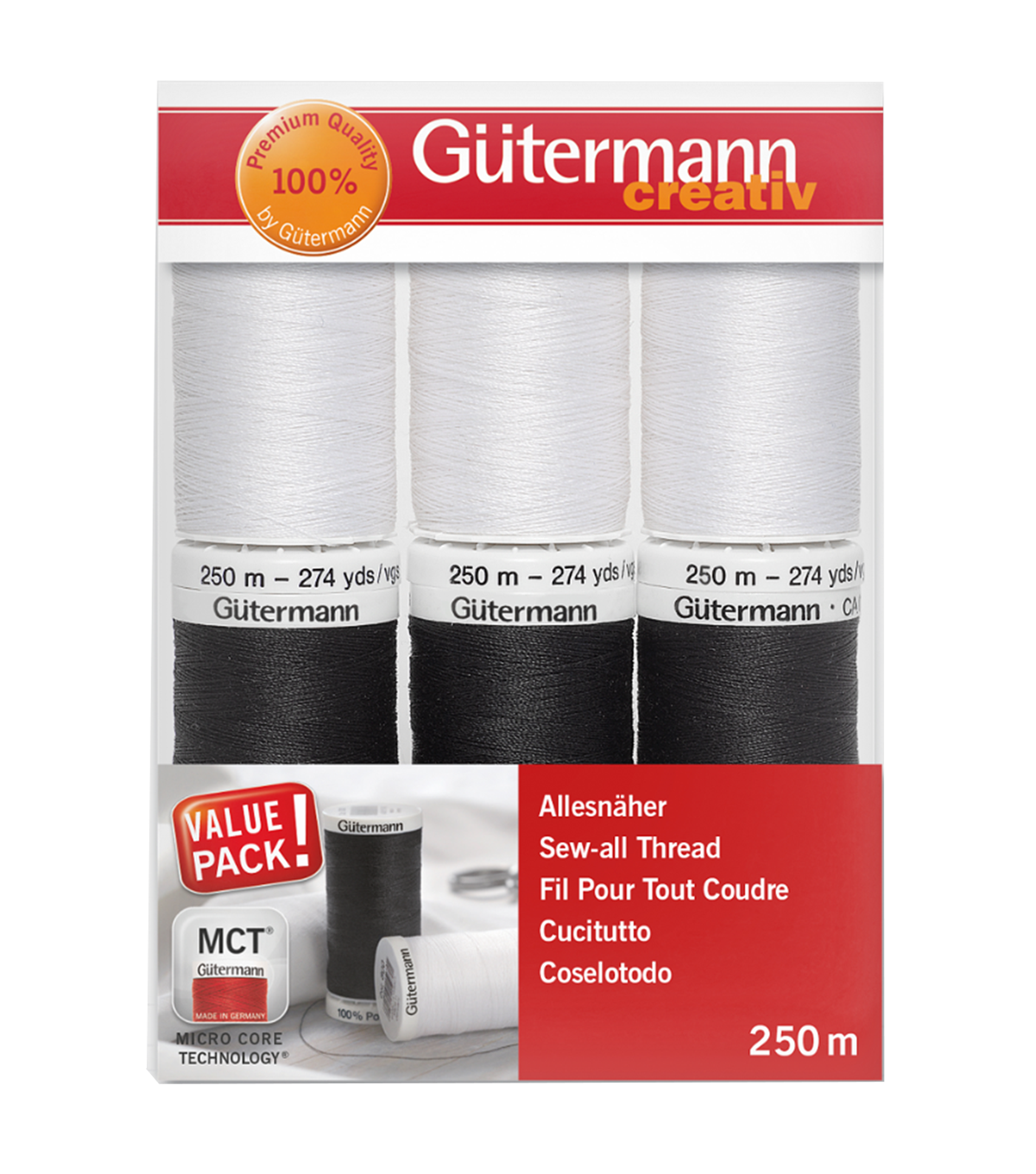 Set de hilo Gütermann Coselotodo 6 carretes 250mts - Colores blanco y negro