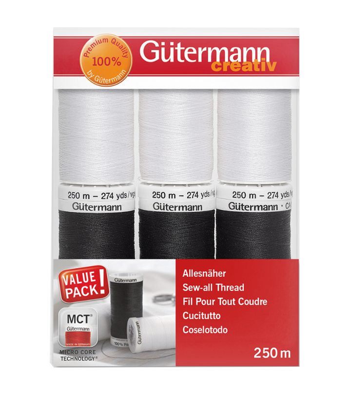 Set de hilo Gütermann Coselotodo 6 carretes 250mts - Colores blanco y negro
