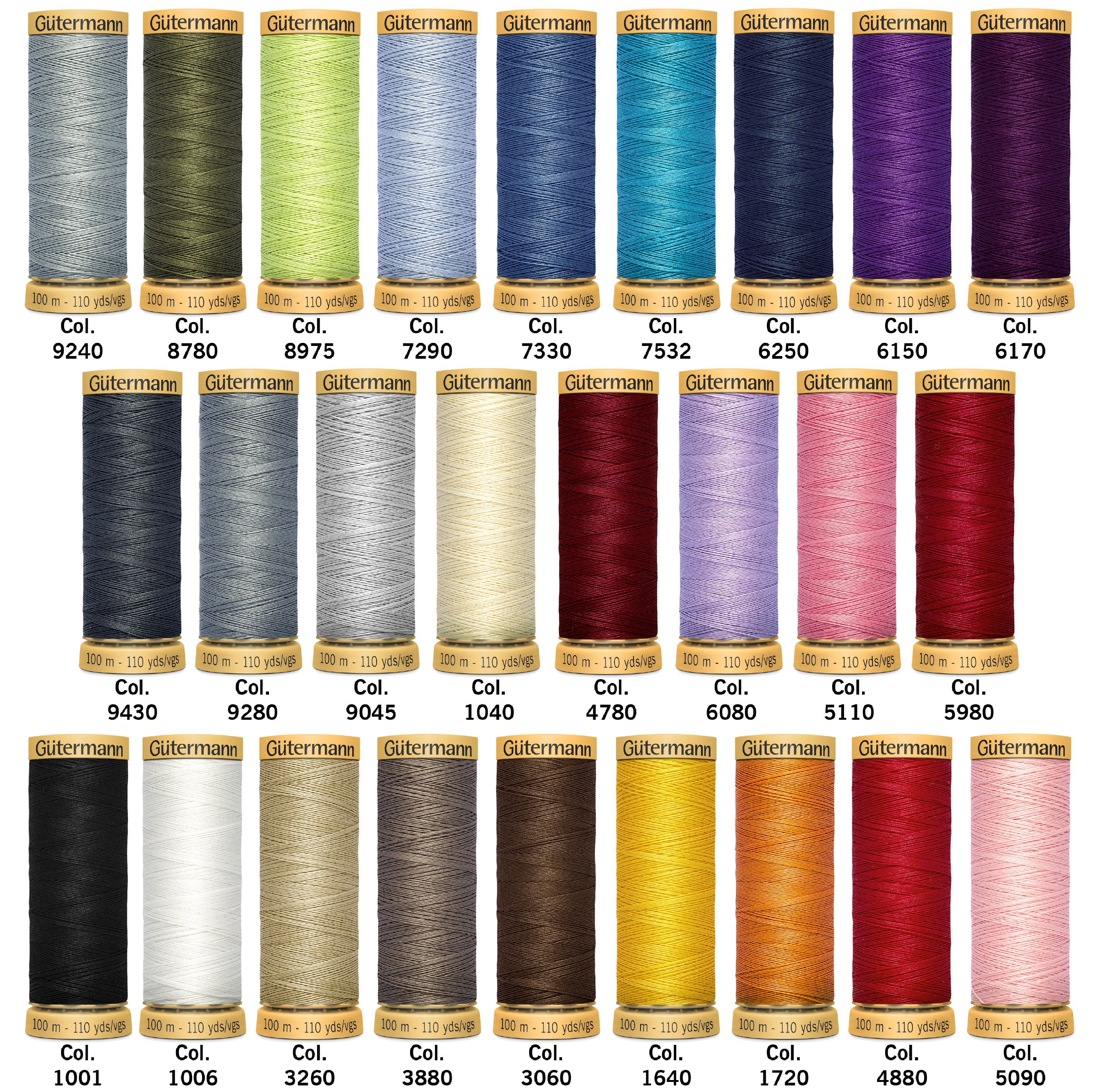 Caja con 26 carretes de hilo de algodón Gütermann C Ne 50 100m