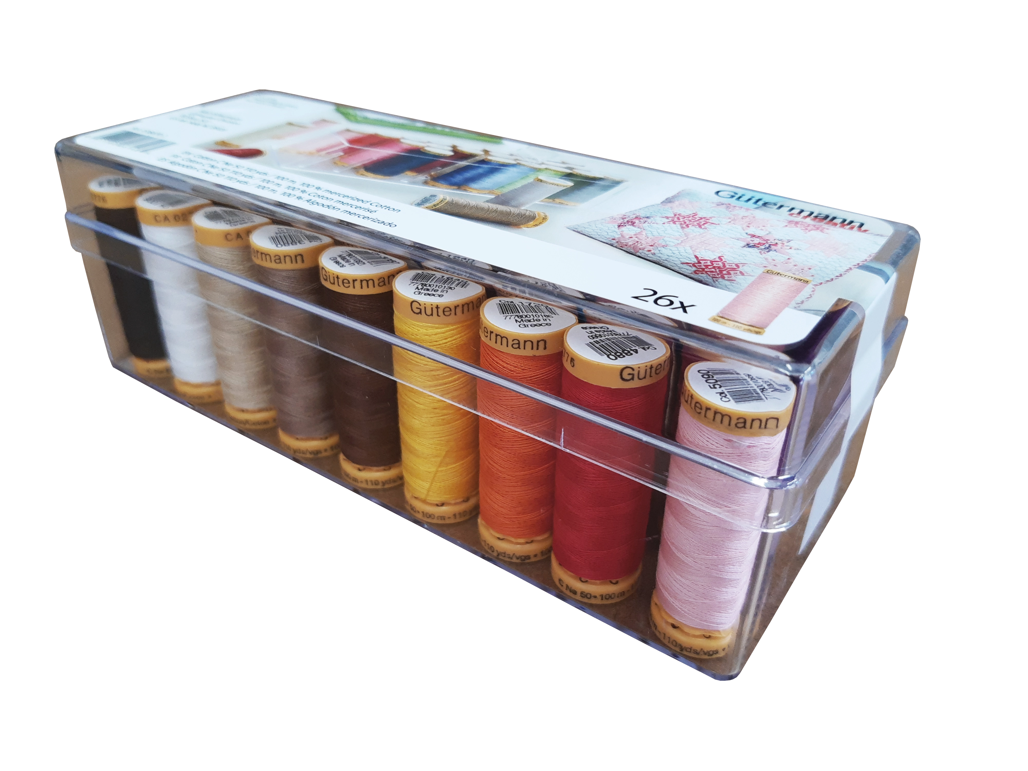 Caja con 26 carretes de hilo de algodón Gütermann C Ne 50 100m