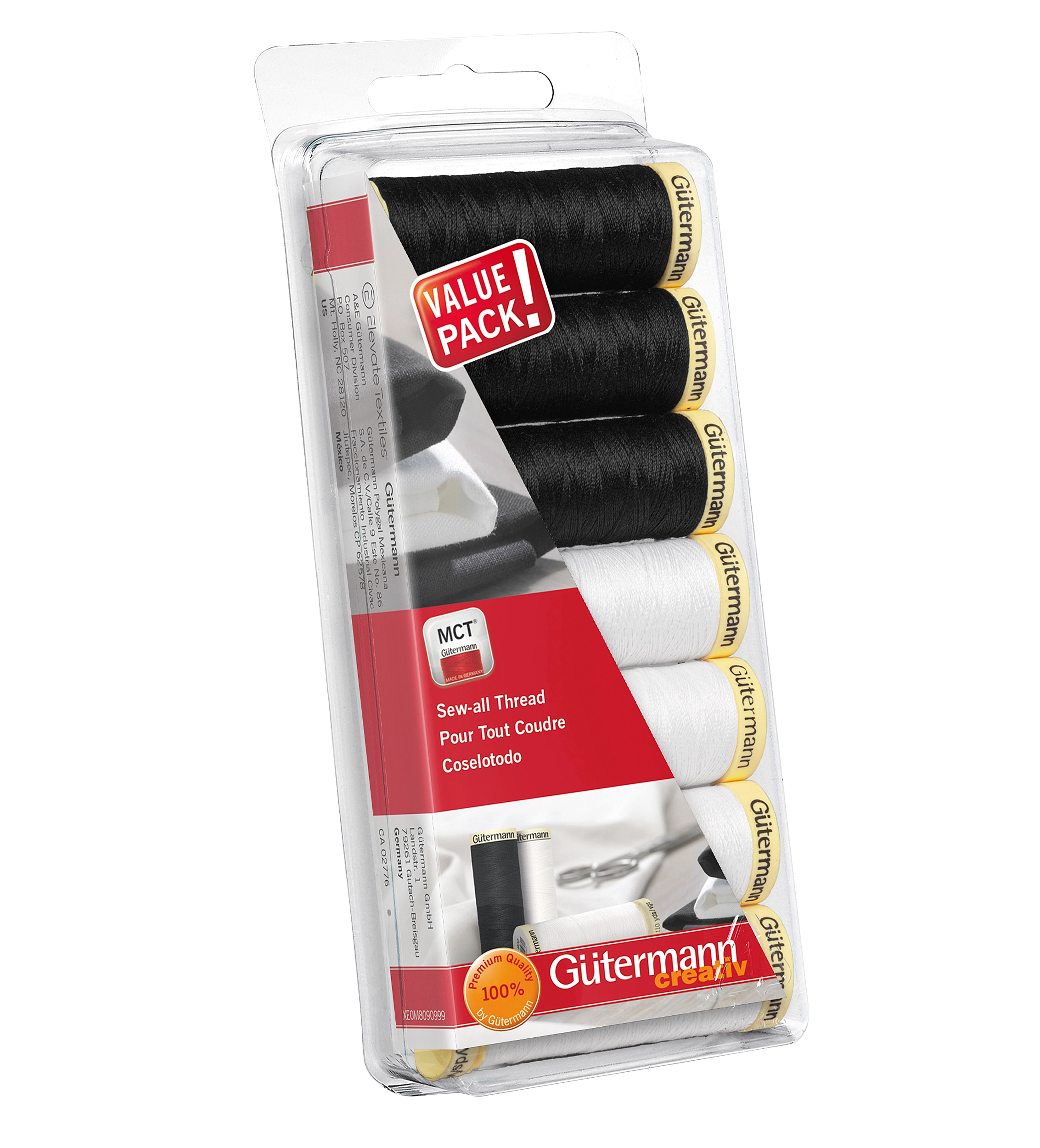 Blister con 7 carretes de hilo Gütermann Coselotodo 100m Colores Blanco y Negro