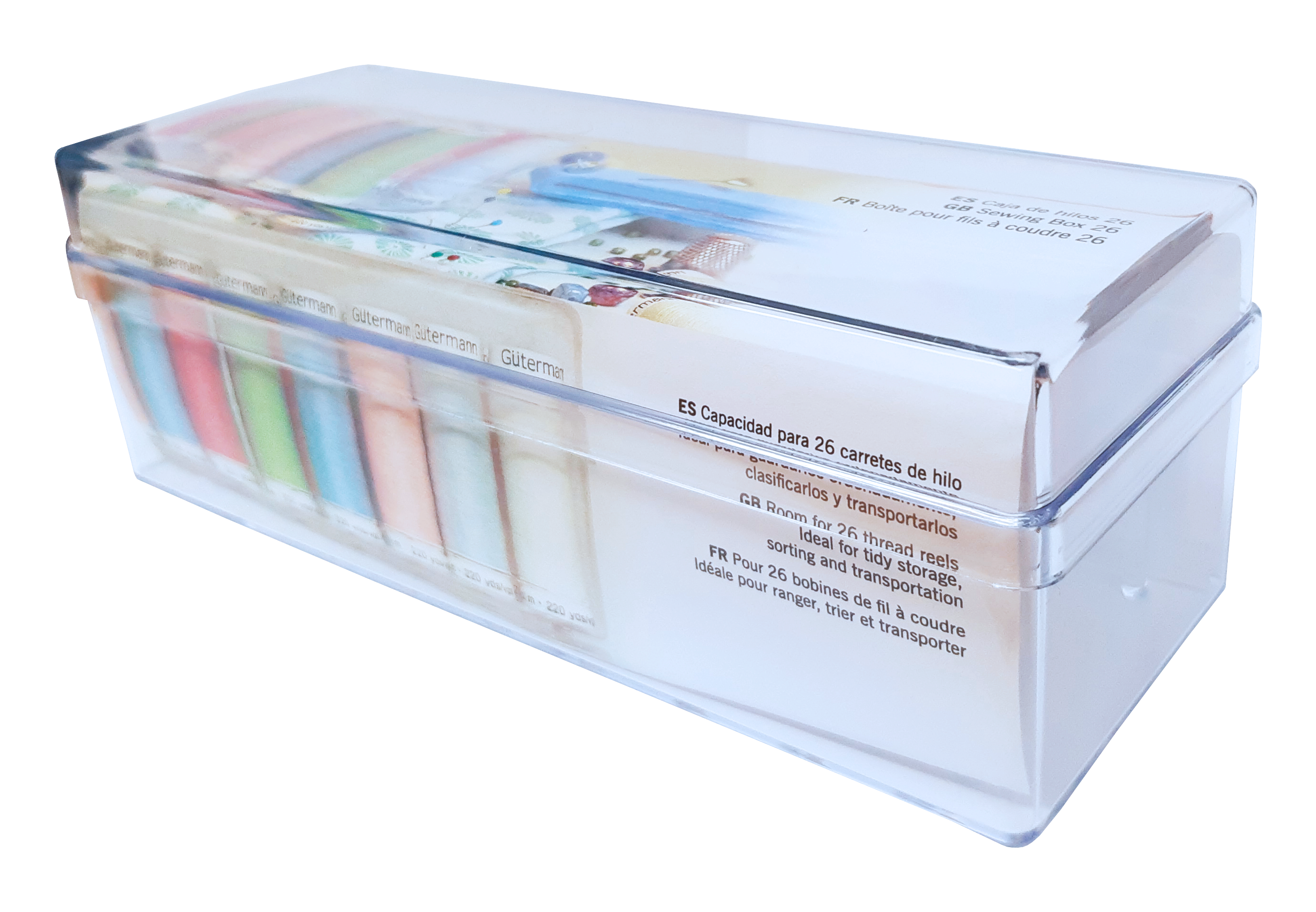 Caja Gütermann de acrílico vacía con 26 espacios para carretes de 100m