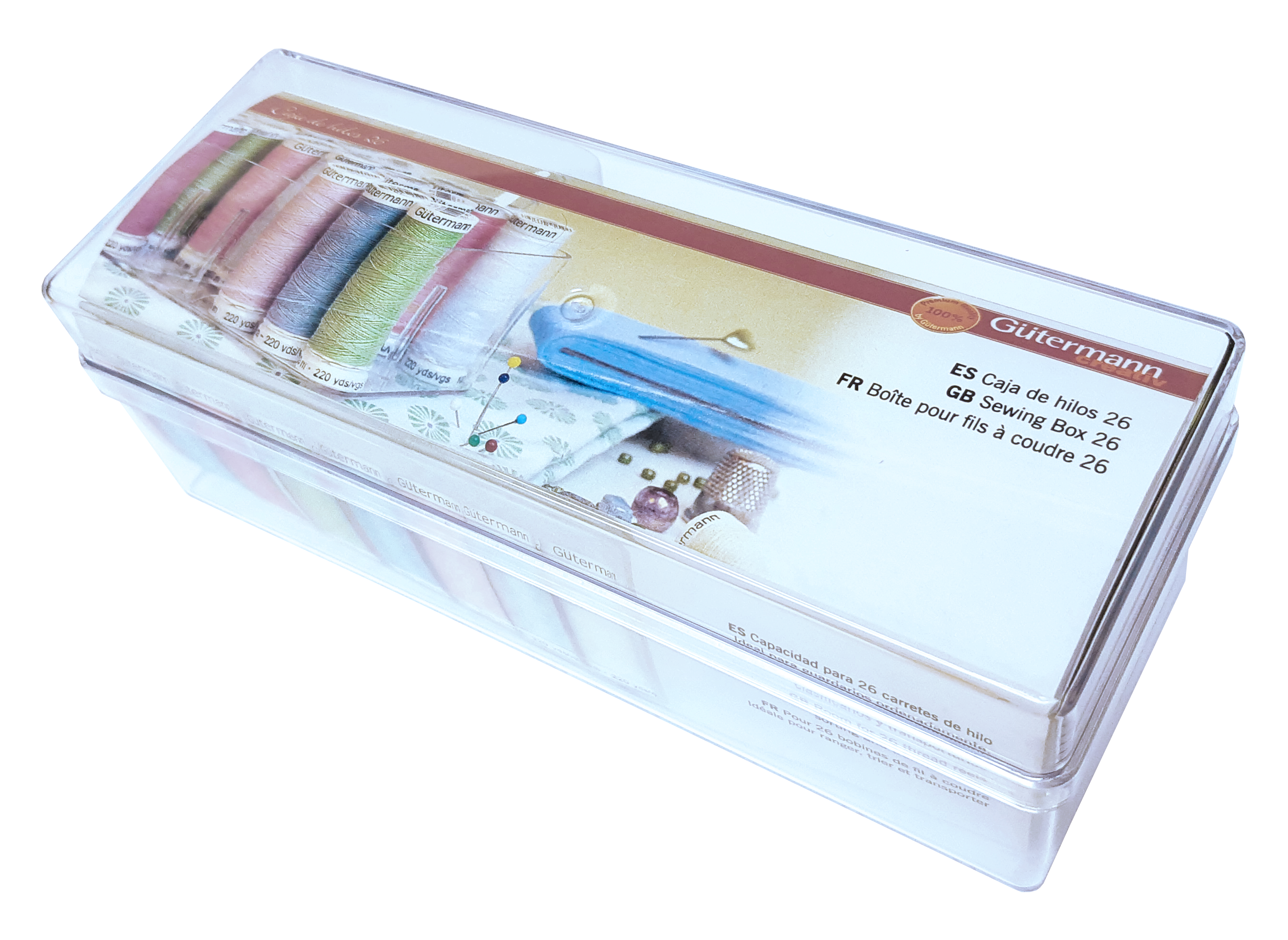 Caja Gütermann de acrílico vacía con 26 espacios para carretes de 100m