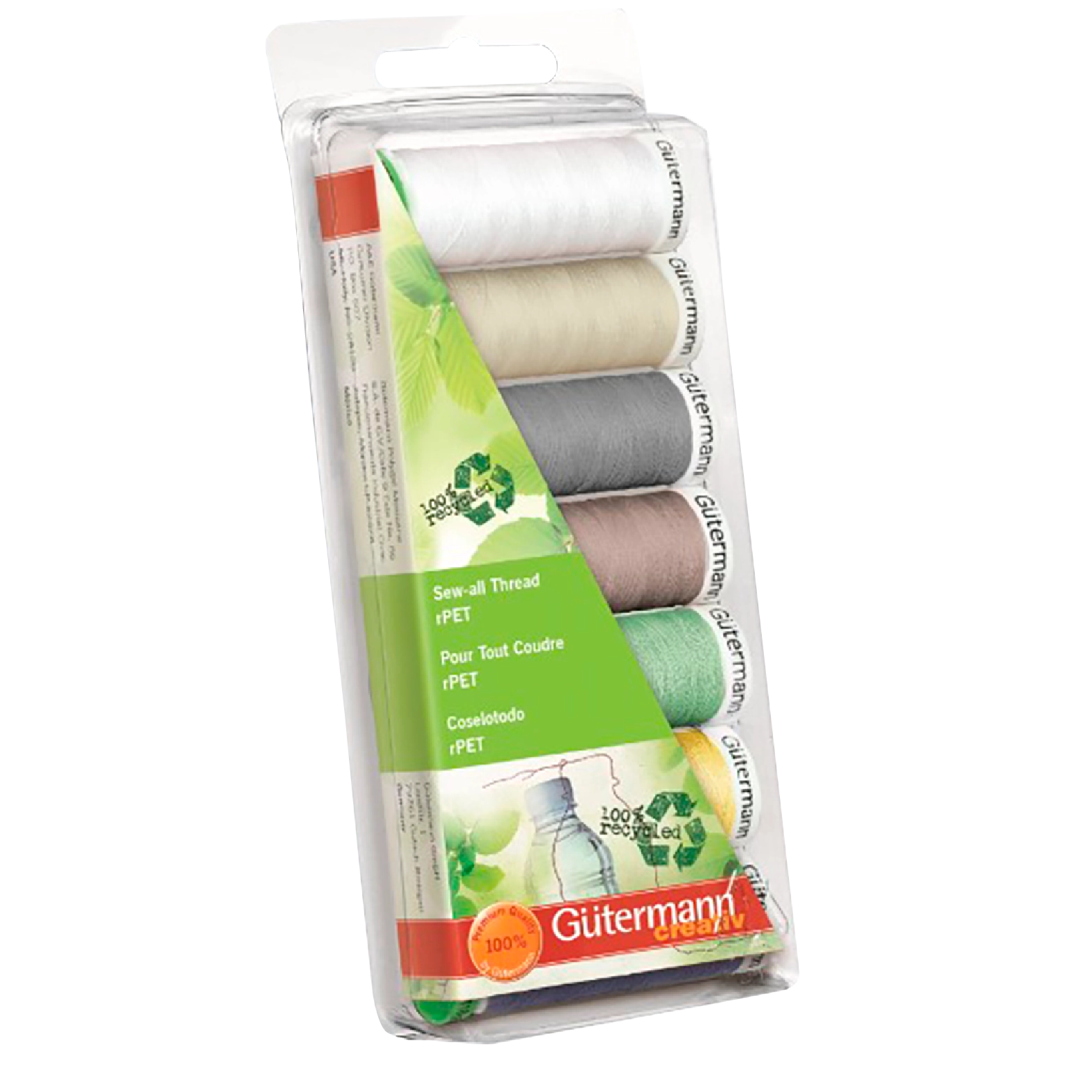 Blister con 7 carretes de hilo rPET Gütermann 100m