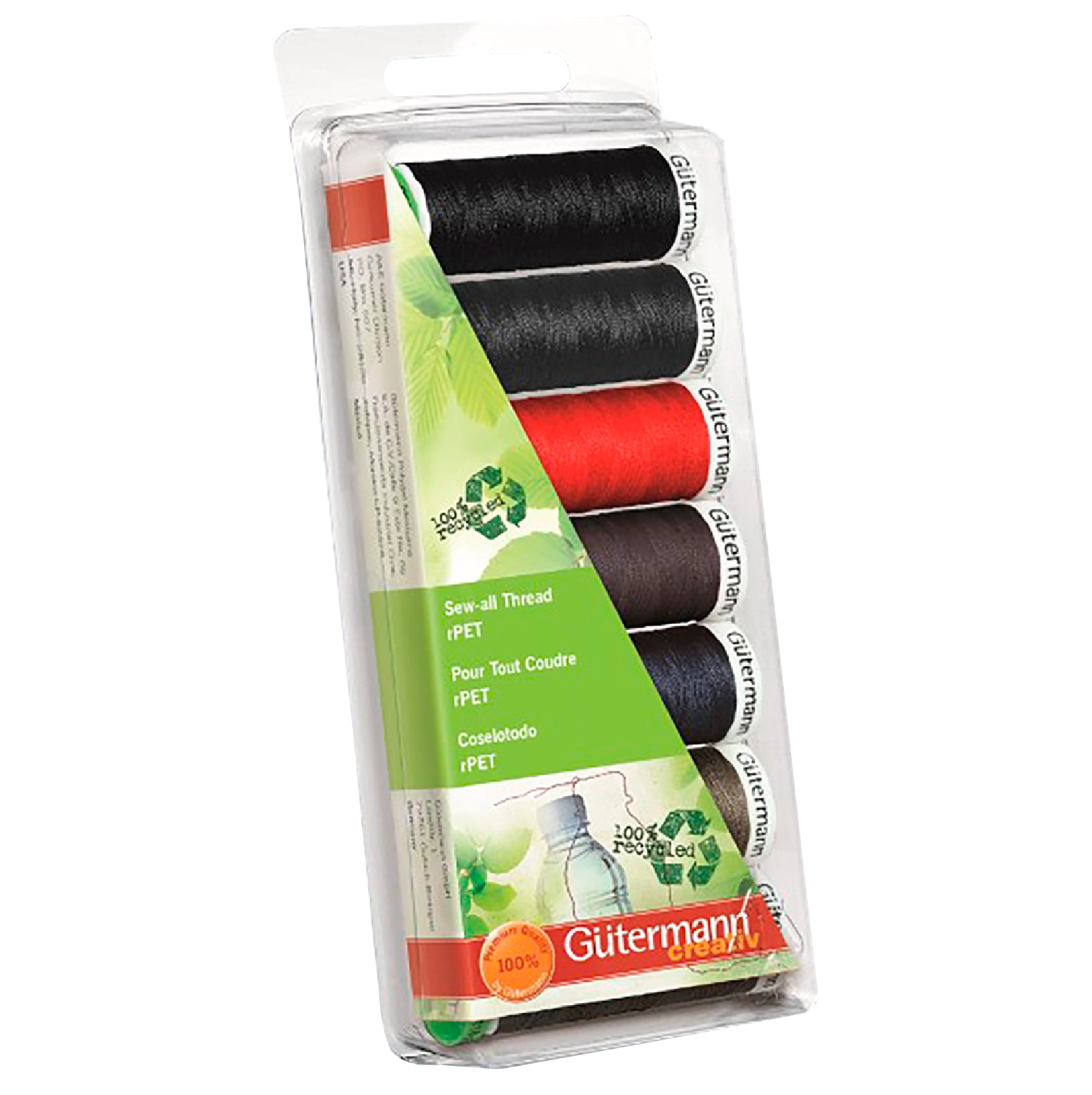 Blister con 7 carretes de hilo rPET Gütermann 100m