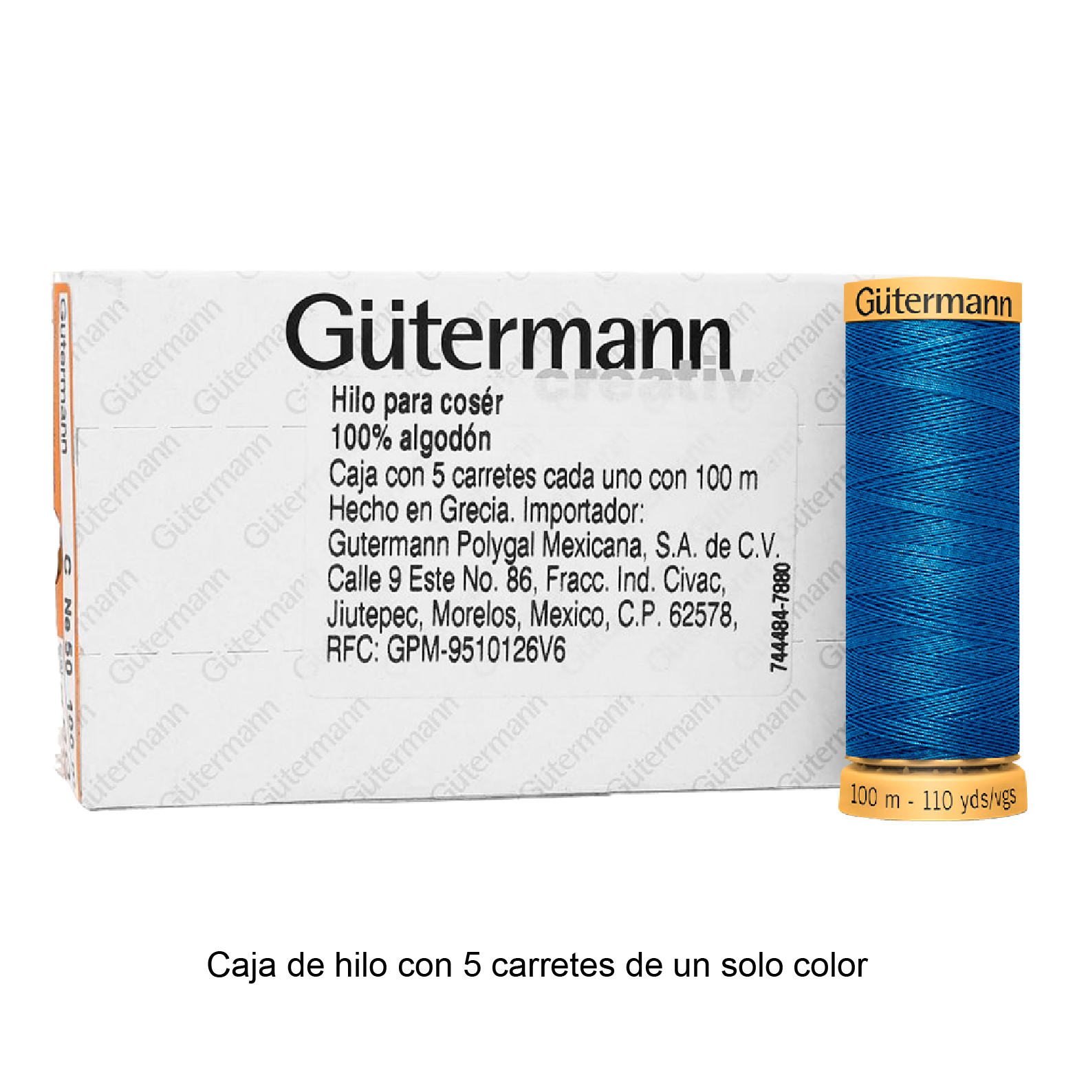 Hilo Gütermann de algodón CNe 50 de 100m caja con 5 carretes de un color