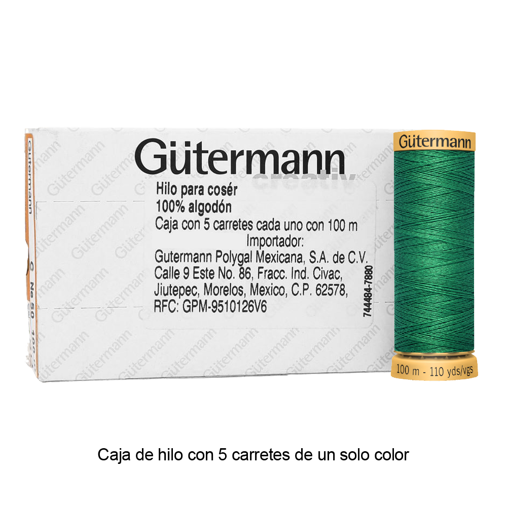 Hilo Gütermann de algodón CNe 50 de 100m caja con 5 carretes de un color