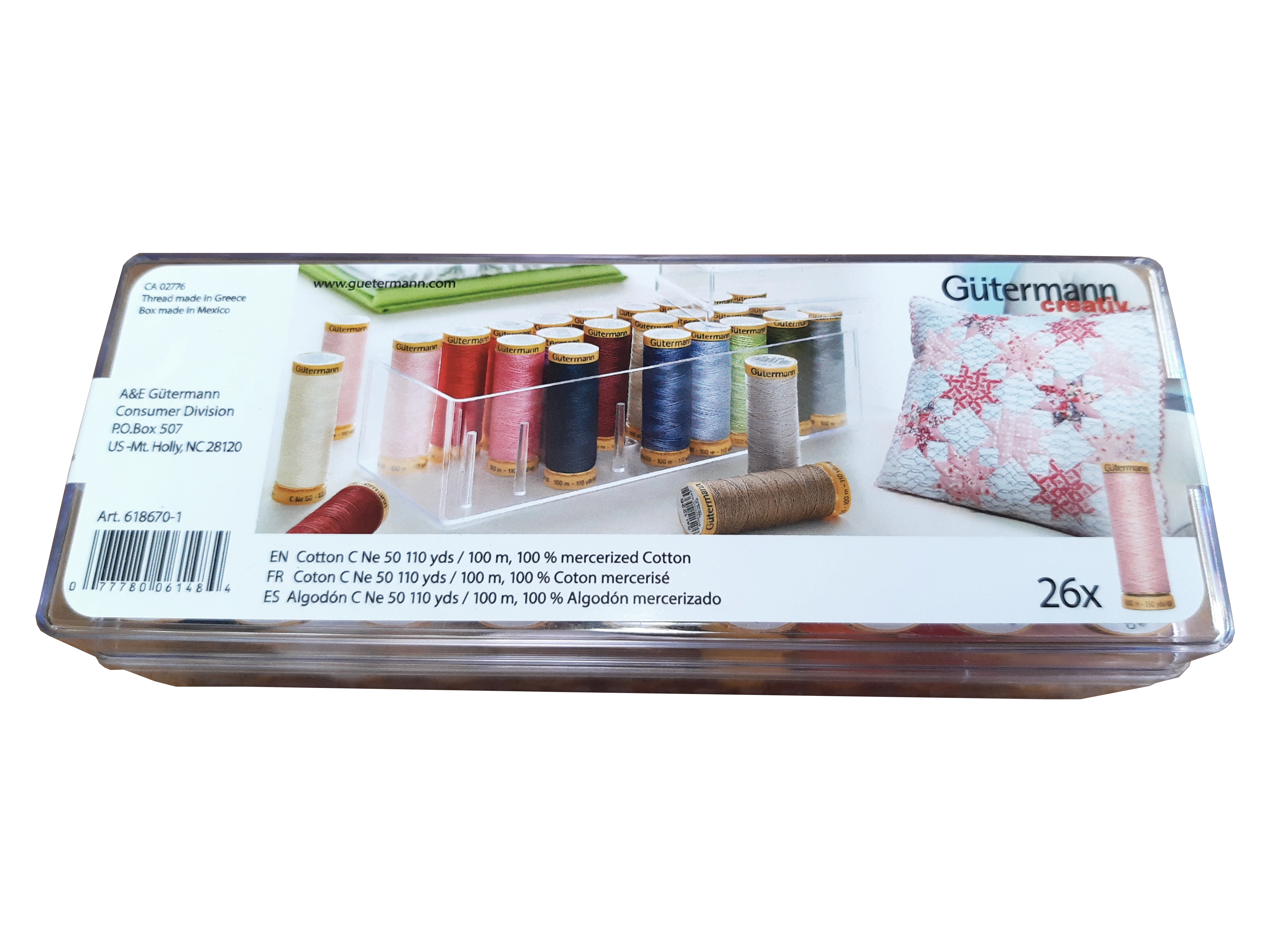 Caja con 26 carretes de hilo de algodón Gütermann C Ne 50 100m