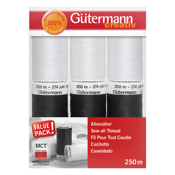 Set de hilo Gütermann Coselotodo 6 carretes 250mts - Colores blanco y negro