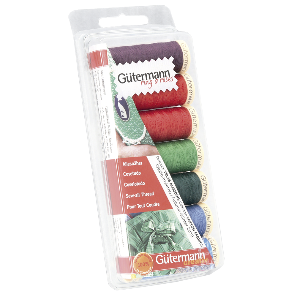 Blister con 7 carretes de hilo Gütermann Coselotodo 100m Colección Otoño Invierno Colores Navideños