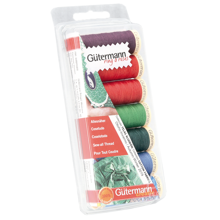 Blister con 7 carretes de hilo Gütermann Coselotodo 100m Colección Otoño Invierno Colores Navideños